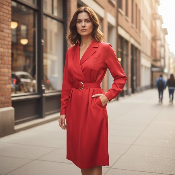 Liz Claiborne 100% Silk Shirt Dress Embroidered Pocket Belted Petite 6 Red #189A - Picture 3 of 13